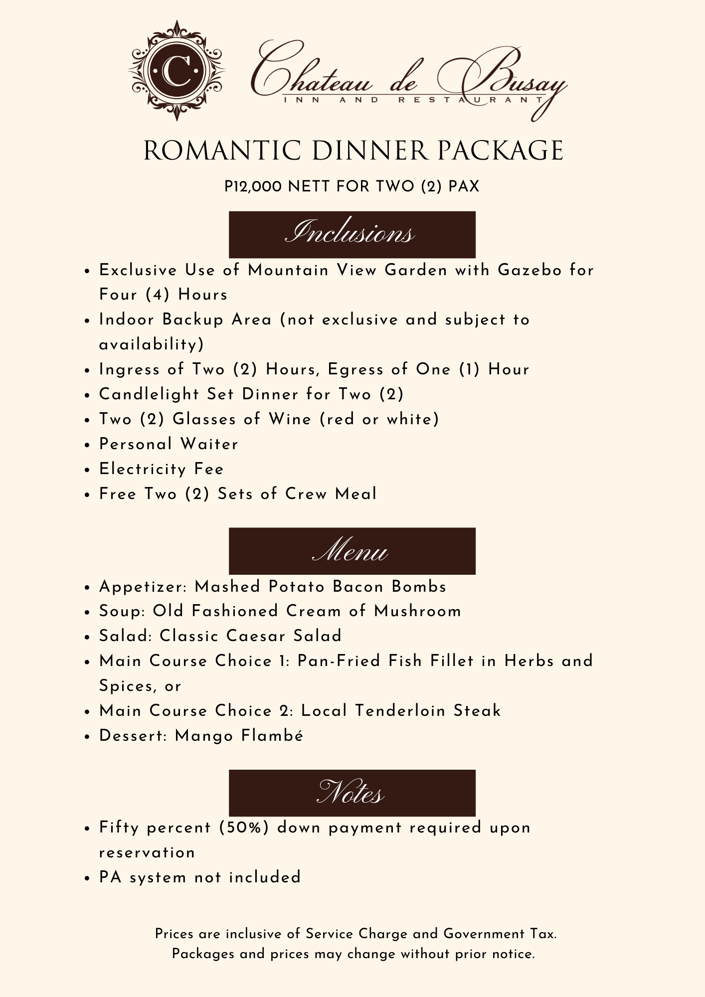 Romantic Dinner or Proposal Package